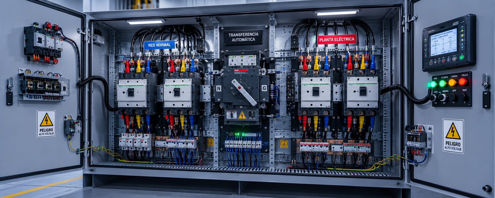 Tablero eléctrico industrial y brazo robótico en una planta moderna de automatización