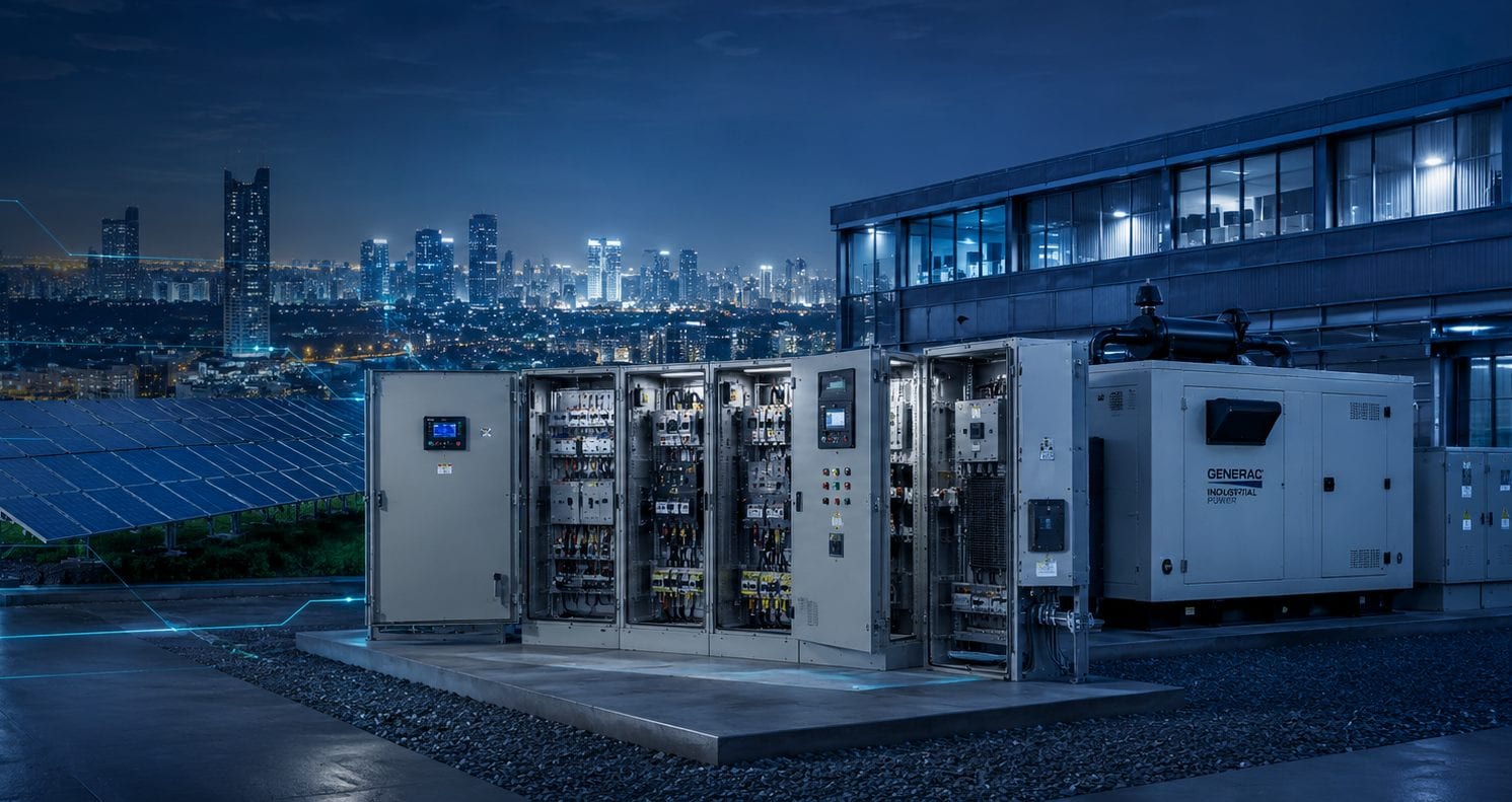 Infraestructura energetica con ciudad, paneles solares, tableros y generador